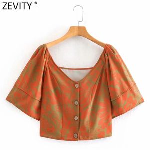 Women Tropical Leaves Print Short Smock Blouse Female V Neck Puff Sleeve Casual Shirts Chic Retro Blusas Tops LS7563 210420