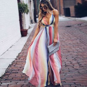 Sexy Backless Pasek Maxi Dress Summer V Neck High Paist Gradient Vinatge Vestdios Boho Beach Party Długa Długie Sukienka Kobiety 210419