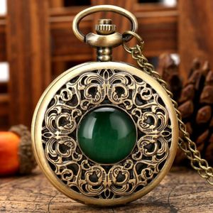 Pocket Watches Exquisite Emerald-green Stone Bronze Case Quartz Watch Simple White Dial Chain Clock Necklace Pendant For Men Women