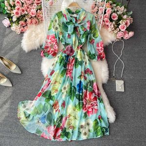 Summer Green Floral Chiffon Long Dress Bohemian Women Bow Collar Puff Sleeve High Waist Vestidos Ladies A-Line Robe Beach 2021 Y0603