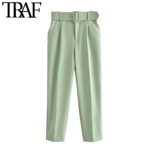 TRAF Donna Chic Fashion Vita alta con cintura Pantaloni Vintage Zipper Fly Pockets Abbigliamento da ufficio Pantaloni alla caviglia femminili Mujer 211105