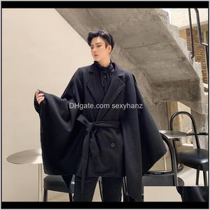 Mens Wool Blends Men Winter Oversize Loose Casual Woolen Cloak Jacket Male Streetwear Vintage Hip Hop Gothic Sashes Outerwear Coat Sta Zmn6X