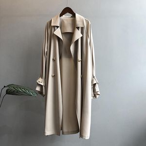 Women's Trench Coats Korean Mid-length Loose Big Size Apricot Thin Coat Elegant Women Autumn Double Breasted Lapel Long Sleeve Windbreaker