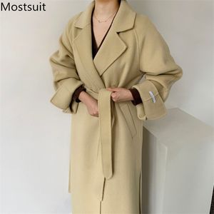 ターンダウン襟ベルトウールブレンドロングコート女性フルスリーブ韓国のエレガントな緩い女性の外装オーバーコート210513