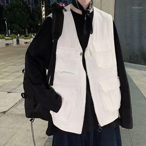 Sommar Ungdom Lös solid färg Enkel tredimensionell Verktyg Vest Fashion Casual Top Black White Men s Jackets