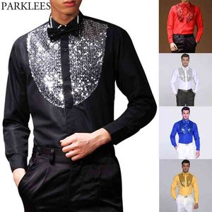 Mens Wing Tip Collar Sequin Patchwork Shirt with Bowtie Brand Black Western Cowboy Shirt Men Dance Disco Prom Costume 210522