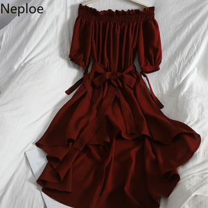 Neploe vestido de mujer off axel slash neck elegant kortärmad klänning vår koreanska slanka midja oregelbundna klänningar kvinnor 210422