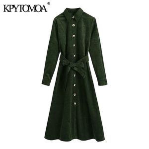 Women Fashion With Metal Buttons Corduroy Midi Shirt Dress Vintage Long Sleeve Bow Tie Belt Female Dresses Mujer 210416