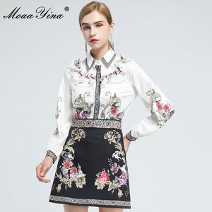 Mode Designer Set Spring Women Now-down Collar Ruffles Blusar Toppar + Skriv ut kjol Vintage två-bitars kostym 210524