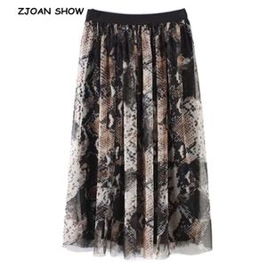 Women Vintage Mesh Snake Pattern Print Midi Pleated Skirt Retro Elastic Waist Mid-calf Swing A-Lined Skater Femme 210429