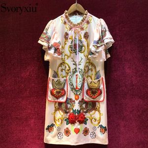 Casual Dresses Svoryxiu Luxury Runway Summer Dress Women's Vintage Baroque Print Diamond Applique Party Loose Short Sleeve