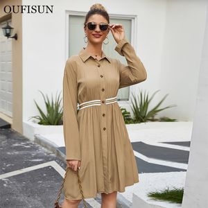 Oufisun Vintage Elagant Women Mini Shirt Dress Casual Manica lunga Corto colletto con risvolto Button Up Donna es 210517
