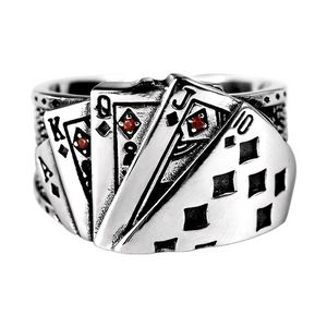 Zagraj w karty Poker prosty Royal Flush Pierścień Palec Starożytne Srebro Otwarte Regulowane Pierścienie Hip Hop Moda Biżuteria dla mężczyzn Will and Sandy