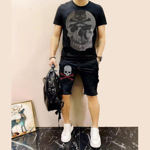 2022 New Summer Men's Short Sleeve Shorts Tracksuits O-neck Suit 2 Piece Set Fashion Men's Hot Diamond Skulls Cotton Casual Male Sports Clothing M-3XL