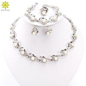 Earrings & Necklace Bridal Jewelry Sets Simulated Pearl African Pendant Bracelet Rings Silver Plated Crystal Wedding Accessories