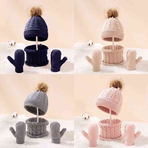 3pcs/set Cute Hat Scarf Gloves Set Solid Color Cotton Pom Poms Cap Winter Warm Accessories for Kid 0-3 Years Boys Girls Children