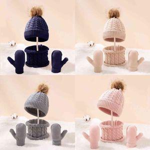 3 sztuk / zestaw Cute Hat Scarf Rękawiczki Zestaw Solid Color Bawełniane Pom Poms Cap Zimowe Ciepłe Akcesoria Dla Dzieciak 0-3 lat Chłopcy Dziewczyny Dzieci