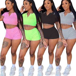 Women Tracksuits Sexig Solid Color V Neck Kort ärm Hög midja Topp Shorts Två stycken Set Outfits Jogging Plus Size