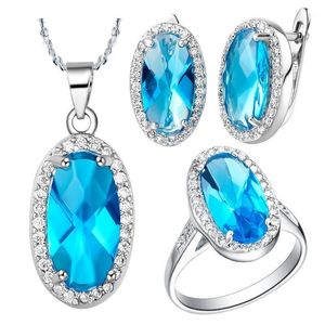 Brincos Colar Hight Qualidade Mulheres Aniversário Noivado Elegante Branco Ouro Luz Azul Colar de Cristal / Anel / Brincos Conjuntos de Jóias T010