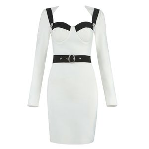 Bandage Dress Sexy Long Sleeve White With Belt Women Ladies Clothing Bodycon Club Celebrity Party 210515