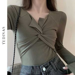 Yedinas Slim T Shirt Women Elastic Basic T-shirts Female Casual Tops Long Sleeve Sexy Thin T-shirt Irregular Spring Streetwear 210527