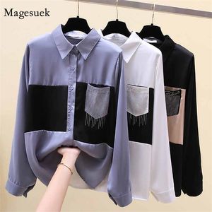 Sonbahar Renk Patckwork Bayanlar Tops Ve Bluzlar Uzun Kollu Üst Kadın Hırka Düğme Yukarı Gömlek Blusas Mujer 11600 210512