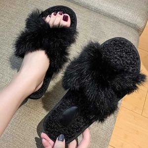 Moda Home Lambswool Slipper Shoes Quente Slipper de Plush Senhora Senhora Real Rabbit Fur Non-Slip Woman Y711 210625