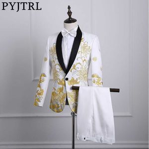 PYJTRL Male Shawl Lapel White Black Red Embroidered Prom Dress Suits Stage Singer Costume Homme Mens Suits With Pants X0909
