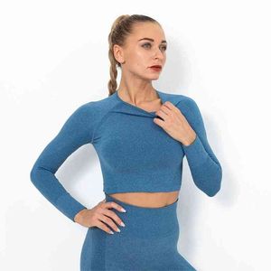 Woman Seamless Sports T-shirts Knitted Running Crop Top Breathable Workout Shirts Long Sleeve Gym Clothes Ropa Mujer 210514