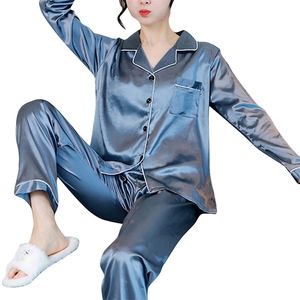 Frauen Pyjamas Nachtwäsche Herbst Langarm Mujer Pijamas Sexy Nachtwäsche 2 Stück Silk Satin Pyjamas Sets für Frau plus Größe 210809