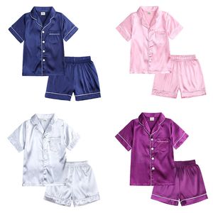 Girls Pajamas Set Summer Short Sleeve Children's Sleepwear Set Fake Silk Pajamas Boy Pyjamas suits for Kids Home Wear Clothing 210908