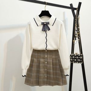 Herbst Frauen Süße Anzüge Mädchen Bogen Gestrickte Pullover Pullover + Plaid Taste Mini Röcke Sets Preppy Zwei Stücke Set 210416