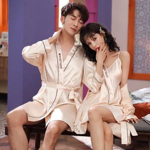 Women s Sleepwear Silk Nightgown Bathrobe Ice Nightdress Home Wear Peignoir For Men And Women Two Piece Set Couple Pajamas
