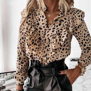 Elegante Leapard Dot Ruffles Camicia Donna Sexy Scollo a V Manica lunga Autunno Inverno Camicette Moda donna Top 210427