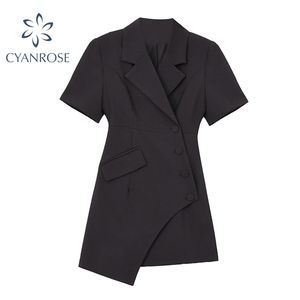 Czarny Blazer Sukienka Kobiety Koreański Styl Elegancki Krótki Rękaw Office Lady Dresses Summer Streetwear Asymetria Odzież 210515