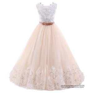 2021 Pretty Princess Appliques Sequins Flower Girl Dresses Bow Tulle Girls Pageant Gown Communion For Wedding Formal Party F08