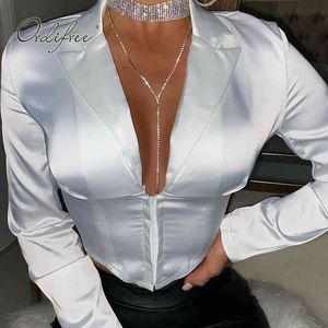 Camicia da donna primaverile in raso a maniche lunghe camicetta di seta bianca Top corto sexy 210415