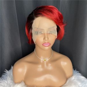 Прозрачный Pixie Cut Wig бразильские сырые человеческие волосы короткие боб парики без глееных париков боковая часть 1b / красная 6 дюймов тела
