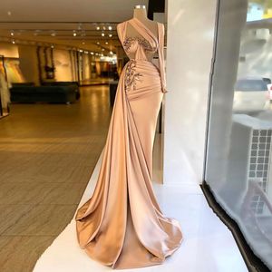 Arabic Mermaid Prom Dresses One Shoulder Crystal Long Sleeve Satin Ruched Evening Wear Formal Party Second Reception Gowns