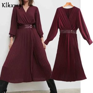 Klkxmyt za dress mulheres Inglaterra estilo moda plissado botão vintage midi vestidos feminino vestidos de fiesta noche vestido 210527