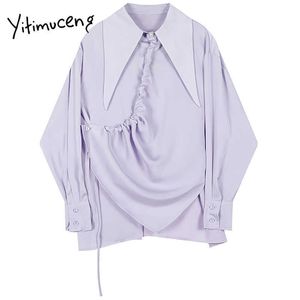 Yitimuceng Shirring asymmetrische Bluse Frauen Shirts lose solide frühlingsmode koreanische langarm büro dame tops 210601