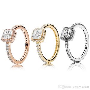 Äkta fyrkantig Sparkle Halo Ring Big CZ Diamond Vigselringar Original Box för Pandora 925 Sterling Silver 18K Rose guld Presentringar set