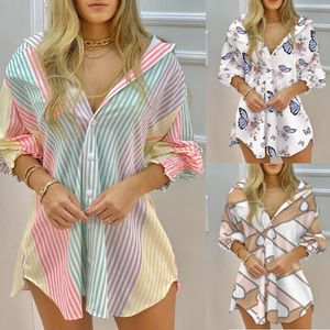 Women Shirt Dress Fashion Striped Print Lady Long Sleeve Blouse Turn Down Collar Ruched Button Front Tops