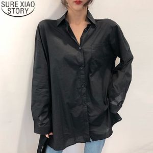 Camicetta lunga nera da donna Camicia abbottonata in cotone Abbigliamento moda coreana Camicie da donna allentate Camicie da taschino Blusas Mujer 13313 210417