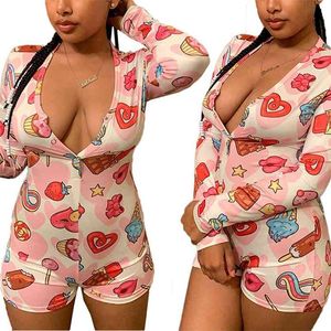 OMSJ S-3XL Plus Size Sleep Romper Womens Sweet Style Candy Print Christmas Long Sleeve V-neck Club Outfits Skinny Short Jumpsuit 210517