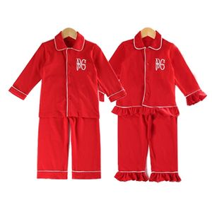 Miúdos Roupas 100% algodão Plain Bonito Pijama Vermelho Inverno Com Ruffle Bebé Boutique Boutique Home Wear Manga Completa PJS 211109