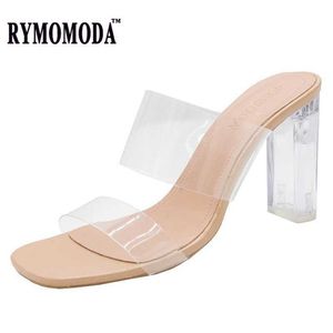 Rymomoda Transparenta PVC Sandaler Kvinnor 2021 Fashion Girl Sexy Clear 6cm 9cm Round Heel Open Toe Kvinna Hög Hög Hög Slippers Skor Y0608