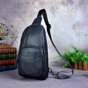 Waist Bags Crazy Horse Leather Men Casual Blue Travel Triangle Chest Sling Bag Design 8" Tablet One Shoulder Strap Daypack Male 8012