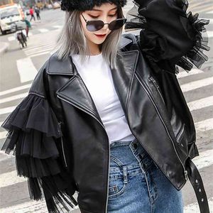 LAUTARO AUTONO CURTA CURTA PRETO OVERTEMBULTE RETCHWORK Couro Biker Jaqueta Longa Manga Solta Womans Roupas Moda Outerwear 210916