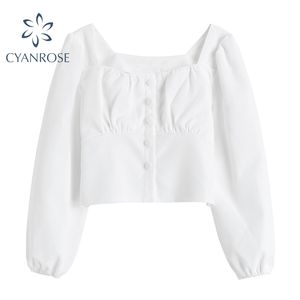 春の韓国の堅いブラウスの女性正方形の襟長袖ホワイトビンテージエレガントなボタンクロップシャツ女性トップスBlusas 210417